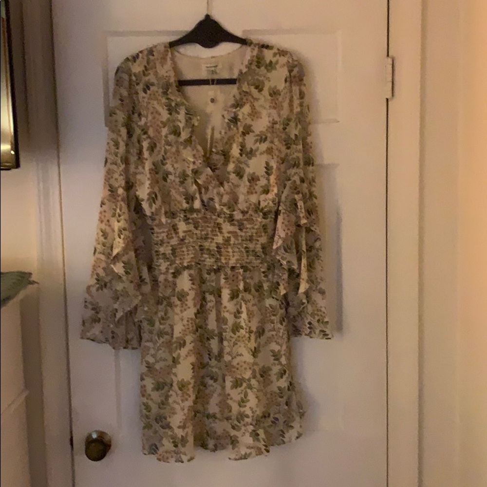 Pink and Cream Floral Dress with Flutter Sleeves